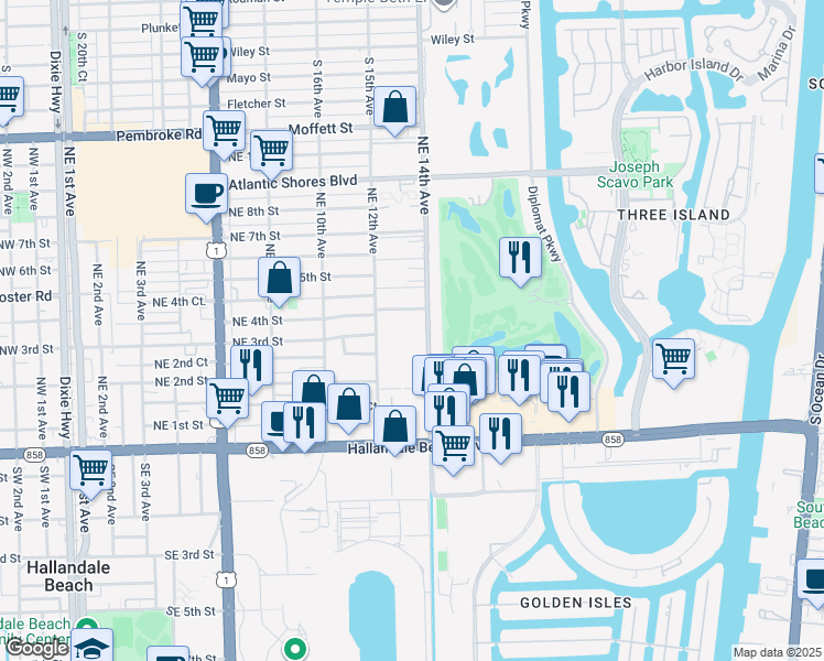 map of restaurants, bars, coffee shops, grocery stores, and more near 400 Northeast 4th Street in Hallandale Beach