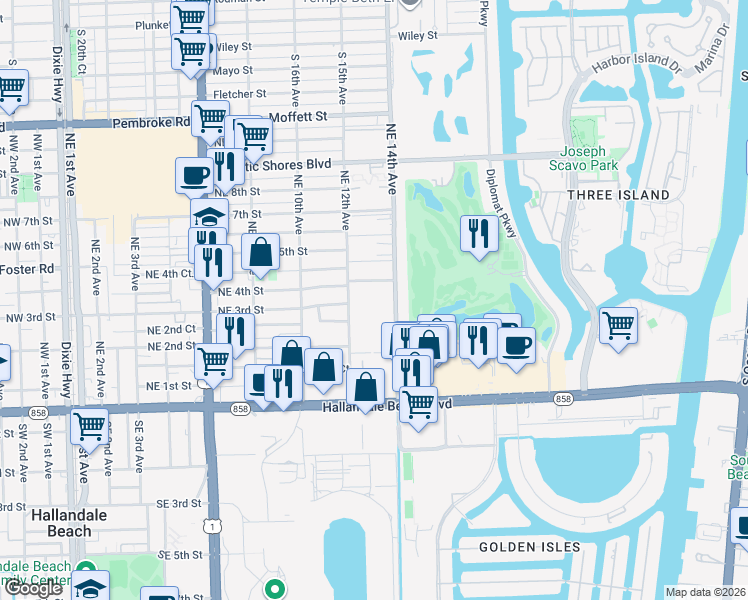 map of restaurants, bars, coffee shops, grocery stores, and more near 320 Northeast 4th Street in Hallandale Beach