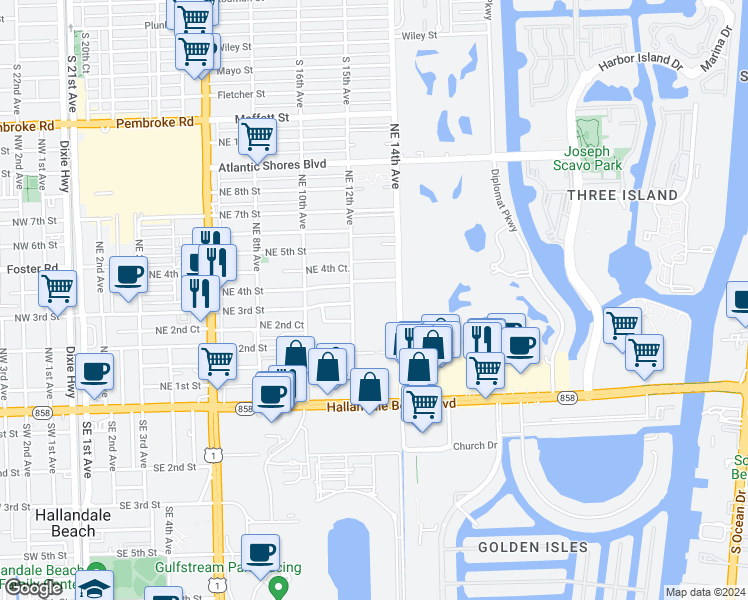 map of restaurants, bars, coffee shops, grocery stores, and more near 320 Northeast 4th Street in Hallandale Beach
