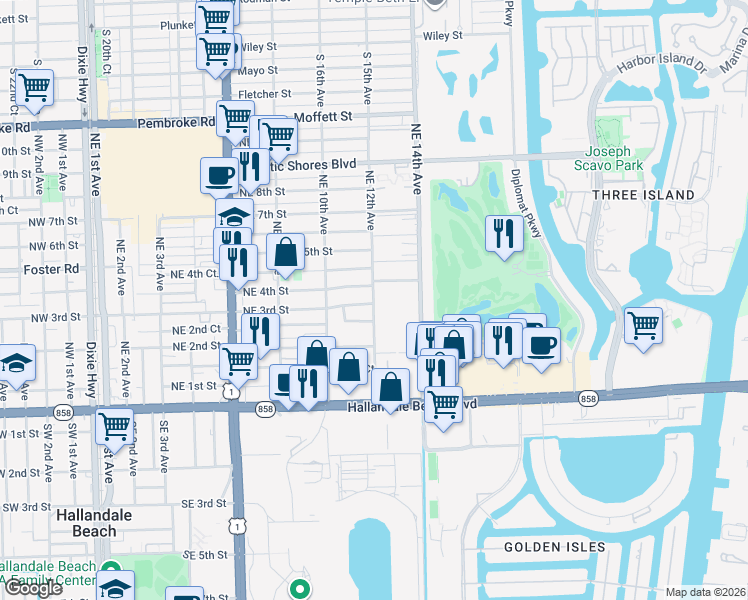 map of restaurants, bars, coffee shops, grocery stores, and more near 320 Northeast 4th Street in Hallandale Beach