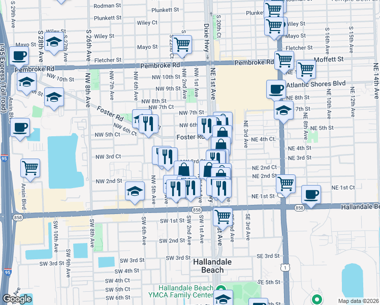 map of restaurants, bars, coffee shops, grocery stores, and more near 413 Northwest 2nd Avenue in Hallandale Beach