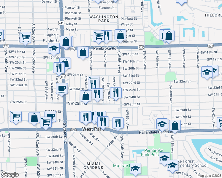 map of restaurants, bars, coffee shops, grocery stores, and more near 2210 Southwest 57th Avenue in West Park