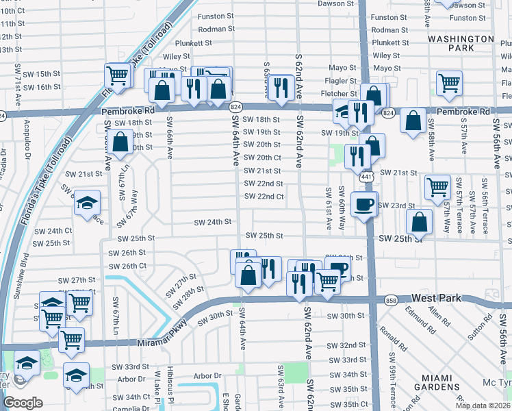 map of restaurants, bars, coffee shops, grocery stores, and more near 6329 Southwest 22nd Court in Miramar