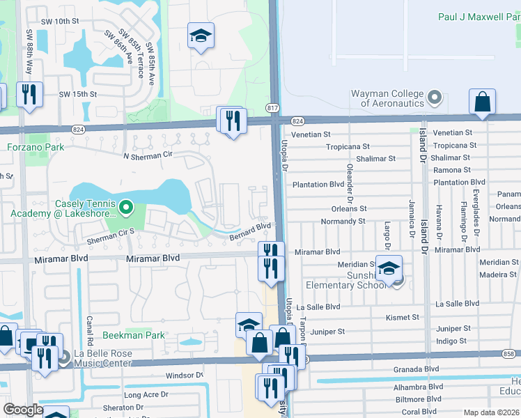 map of restaurants, bars, coffee shops, grocery stores, and more near 2201 Southwest 80th Terrace in Miramar
