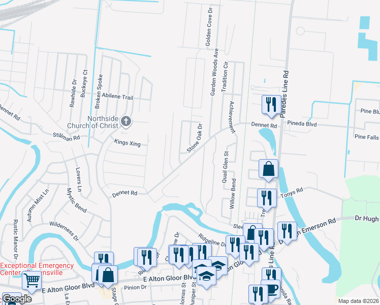 map of restaurants, bars, coffee shops, grocery stores, and more near 6631 Stone Oak Drive in Brownsville