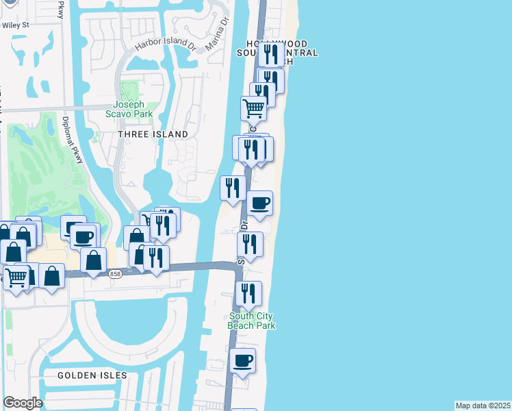 map of restaurants, bars, coffee shops, grocery stores, and more near 3555 South Ocean Drive in Hollywood