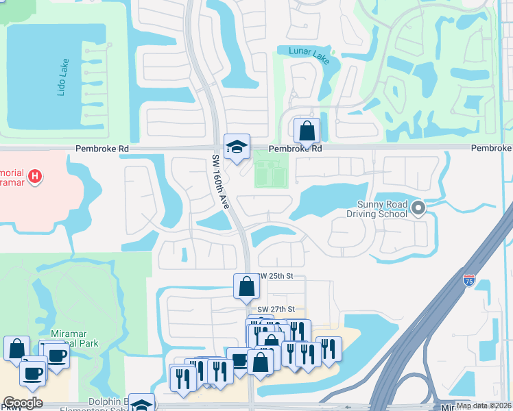 map of restaurants, bars, coffee shops, grocery stores, and more near 15891 Southwest 20th Street in Miramar