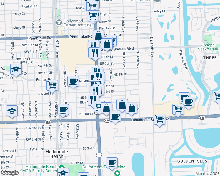 map of restaurants, bars, coffee shops, grocery stores, and more near 801 Northeast 4th Street in Hallandale Beach