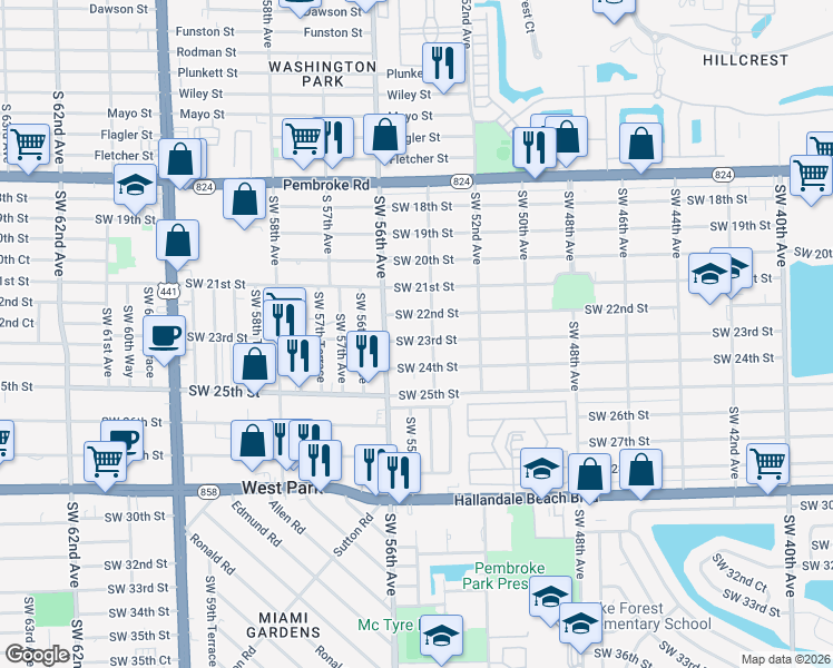 map of restaurants, bars, coffee shops, grocery stores, and more near 5414 Southwest 22nd Street in West Park