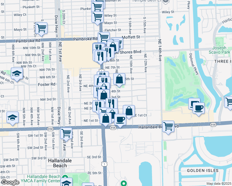 map of restaurants, bars, coffee shops, grocery stores, and more near 801 Northeast 4th Street in Hallandale Beach