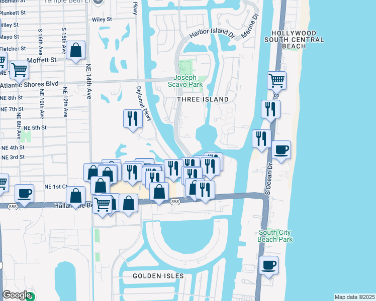 map of restaurants, bars, coffee shops, grocery stores, and more near 300 Three Islands Boulevard in Hallandale Beach