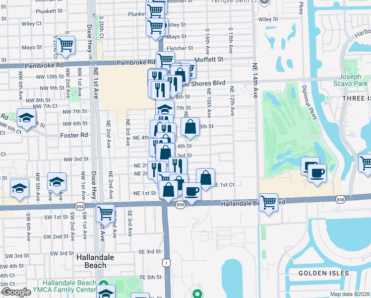 map of restaurants, bars, coffee shops, grocery stores, and more near 801 Northeast 4th Street in Hallandale Beach