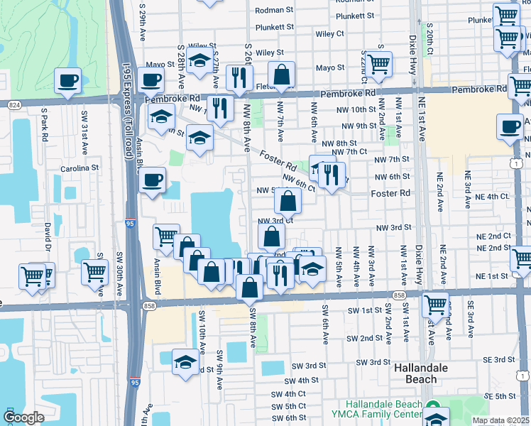 map of restaurants, bars, coffee shops, grocery stores, and more near 753 Northwest 5th Street in Hallandale Beach