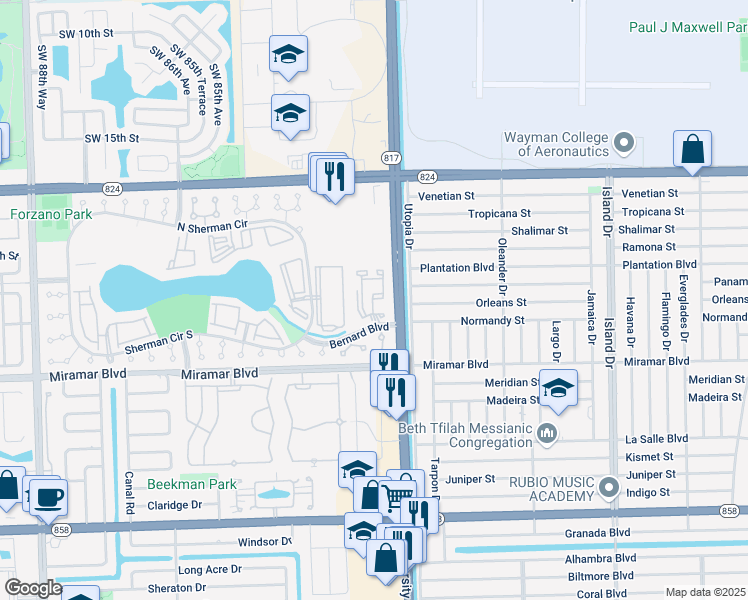 map of restaurants, bars, coffee shops, grocery stores, and more near 2201 Southwest 80th Terrace in Miramar