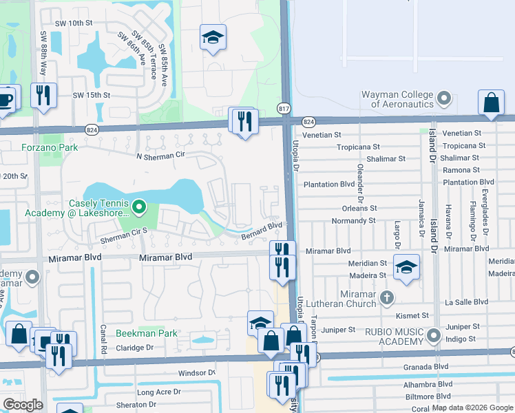 map of restaurants, bars, coffee shops, grocery stores, and more near 256 Sherman Circle Driveway in Miramar