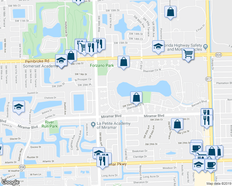 map of restaurants, bars, coffee shops, grocery stores, and more near 2043 Southwest 87th Terrace in Miramar