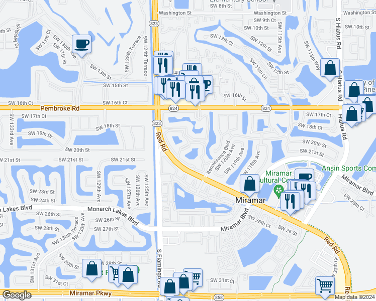 map of restaurants, bars, coffee shops, grocery stores, and more near 2041 Renaissance Boulevard in Hollywood