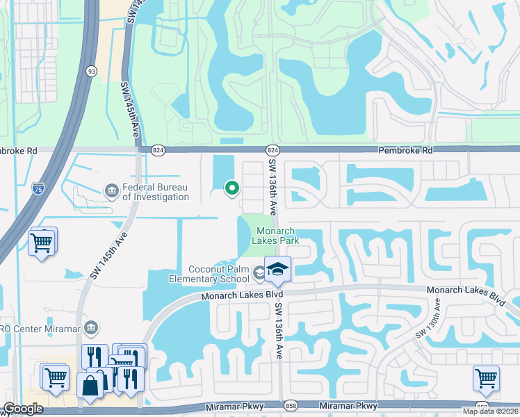 map of restaurants, bars, coffee shops, grocery stores, and more near 13651 Southwest 20th Street in Miramar
