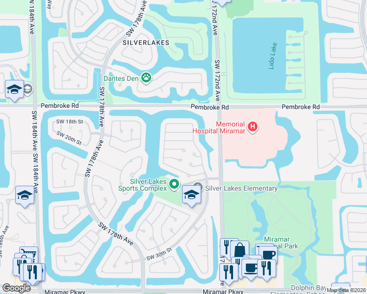 map of restaurants, bars, coffee shops, grocery stores, and more near 17335 Southwest 20th Street in Miramar