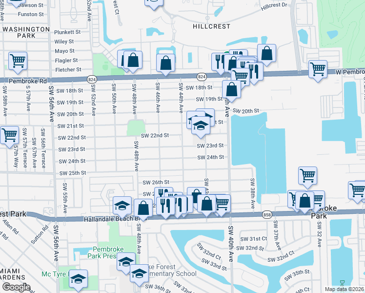 map of restaurants, bars, coffee shops, grocery stores, and more near 2205 Southwest 44th Avenue in West Park