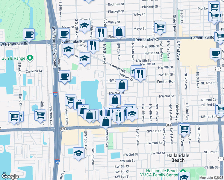 map of restaurants, bars, coffee shops, grocery stores, and more near 753 Northwest 5th Street in Hallandale Beach