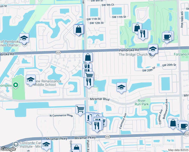 map of restaurants, bars, coffee shops, grocery stores, and more near 2006 Southwest 99th Terrace in Miramar