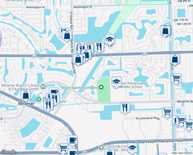 map of restaurants, bars, coffee shops, grocery stores, and more near 2090 West Preserve Way in Miramar