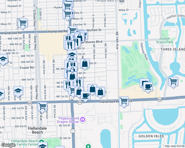 map of restaurants, bars, coffee shops, grocery stores, and more near 918 Northeast 4th Street in Hallandale Beach