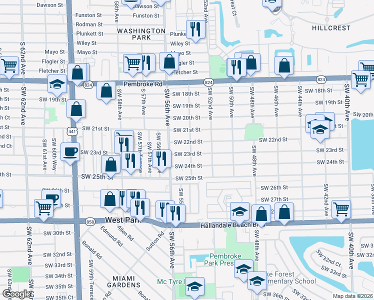 map of restaurants, bars, coffee shops, grocery stores, and more near 5411 Southwest 23rd Street in West Park