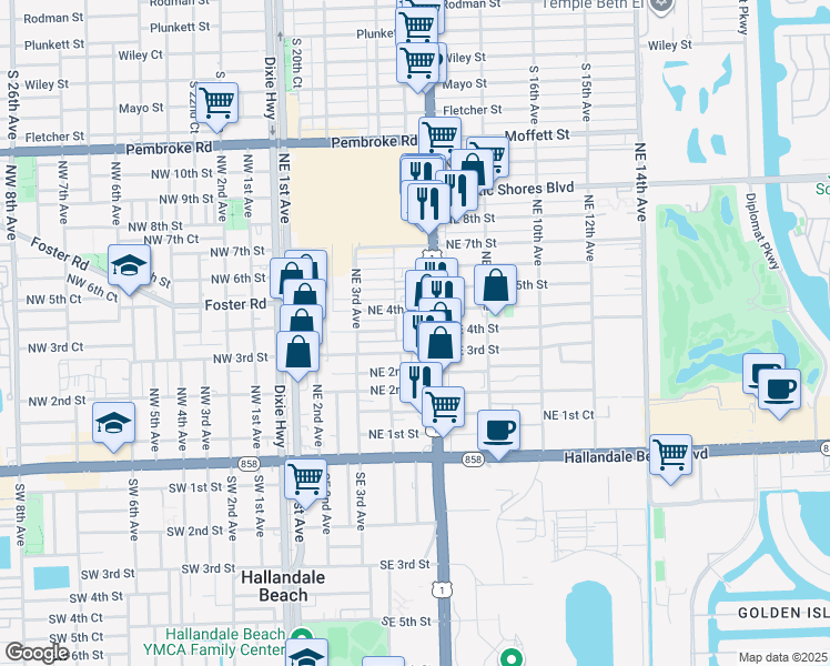 map of restaurants, bars, coffee shops, grocery stores, and more near 413 Northeast 4th Court in Hallandale Beach