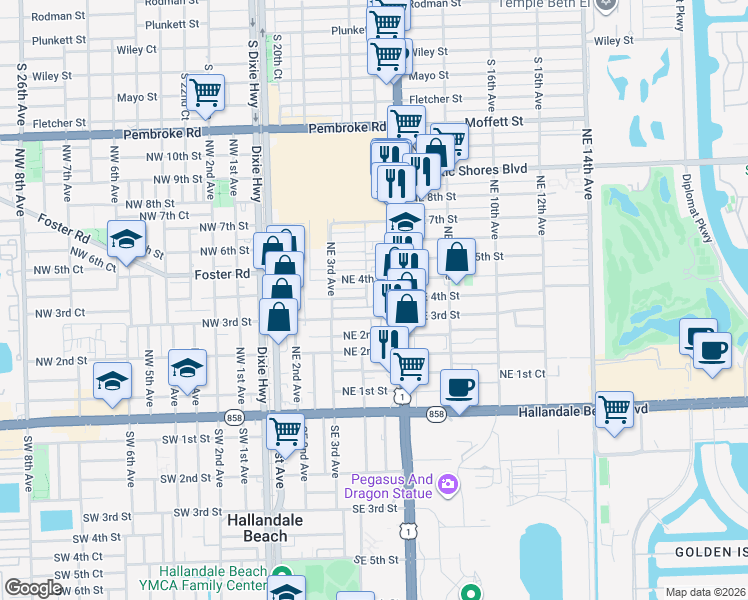 map of restaurants, bars, coffee shops, grocery stores, and more near 413 Northeast 4th Court in Hallandale Beach
