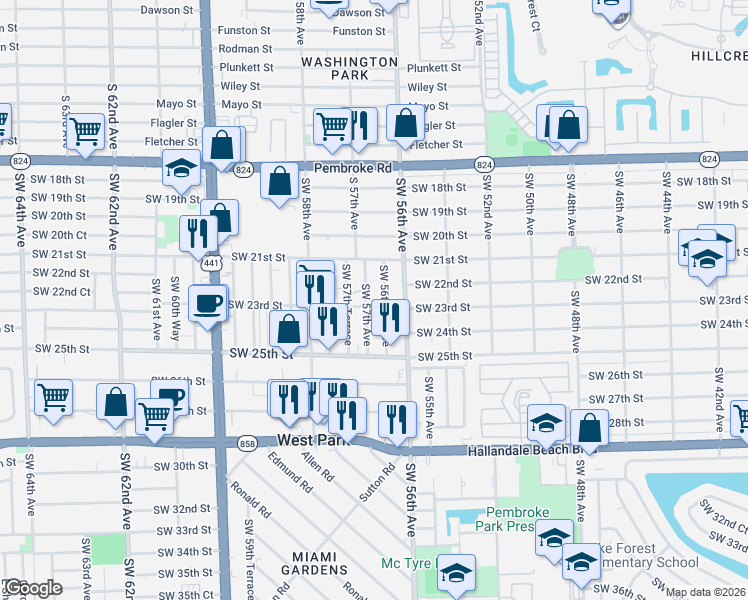map of restaurants, bars, coffee shops, grocery stores, and more near 2210 Southwest 57th Avenue in West Park