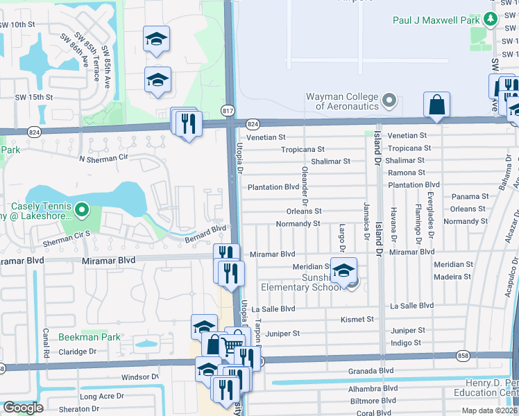 map of restaurants, bars, coffee shops, grocery stores, and more near 7949 Panama Street in Miramar
