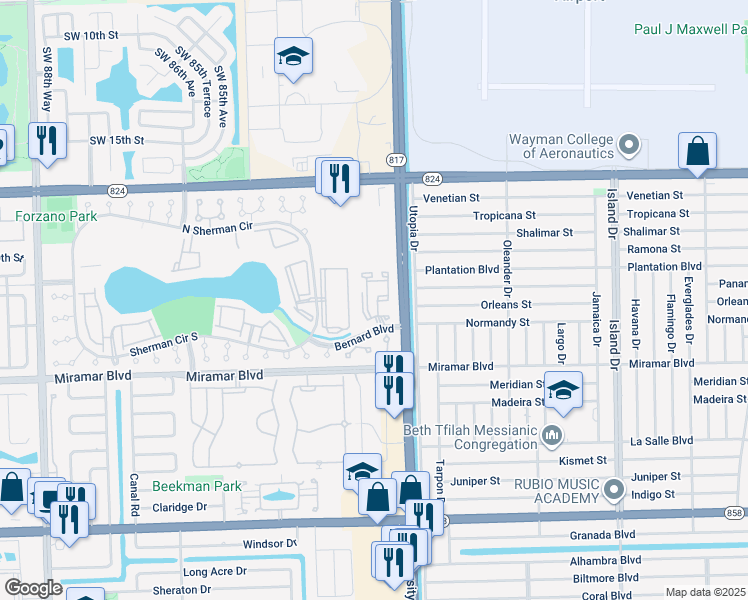 map of restaurants, bars, coffee shops, grocery stores, and more near 2201 Southwest 80th Terrace in Miramar