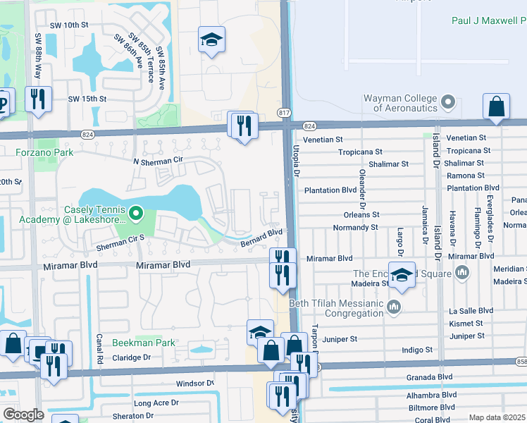 map of restaurants, bars, coffee shops, grocery stores, and more near 2201 Southwest 80th Terrace in Miramar