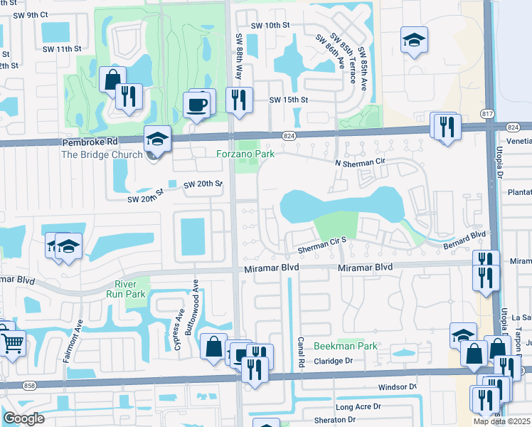 map of restaurants, bars, coffee shops, grocery stores, and more near 2043 Southwest 87th Terrace in Miramar