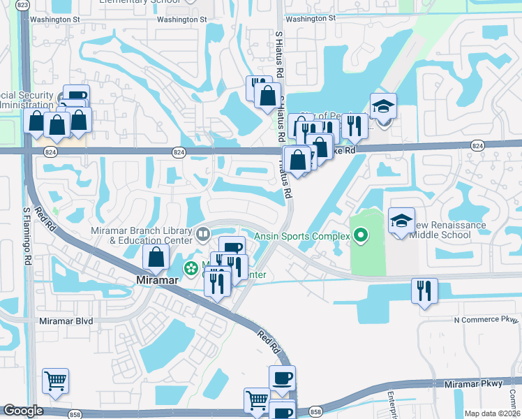 map of restaurants, bars, coffee shops, grocery stores, and more near 11271 Southwest 20th Street in Miramar