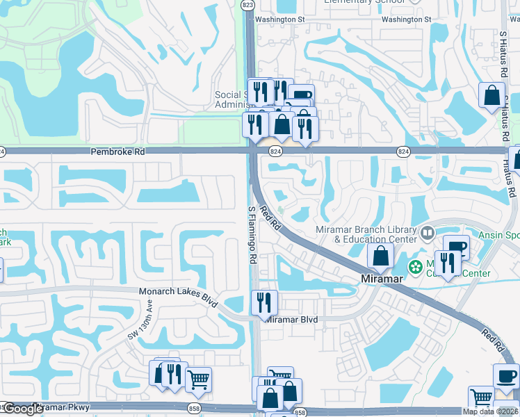 map of restaurants, bars, coffee shops, grocery stores, and more near in Miramar
