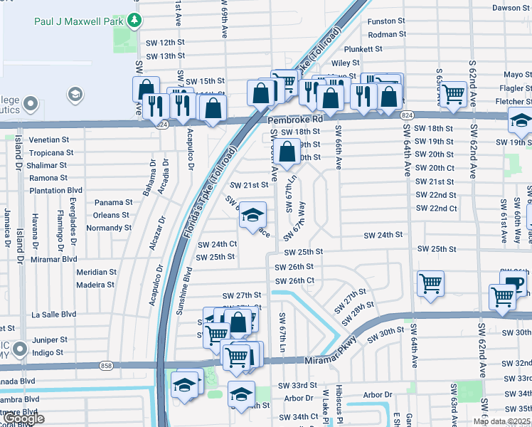 map of restaurants, bars, coffee shops, grocery stores, and more near 6808 Southwest 22nd Court in Miramar