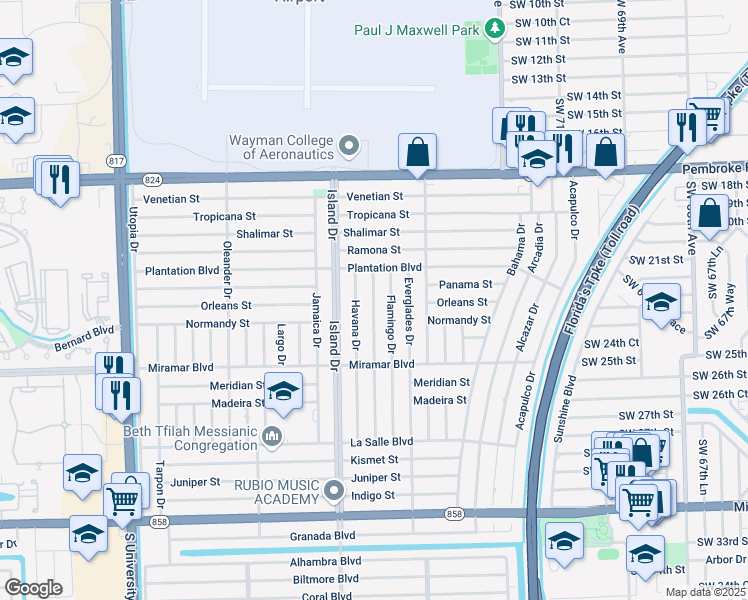 map of restaurants, bars, coffee shops, grocery stores, and more near 2211 Gulfstream Drive in Miramar