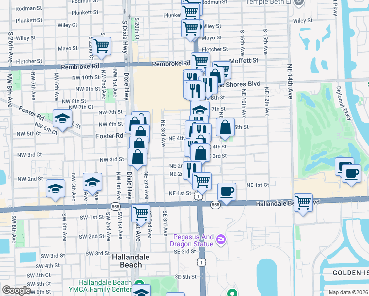 map of restaurants, bars, coffee shops, grocery stores, and more near 413 Northeast 4th Court in Hallandale Beach