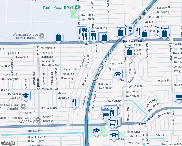 map of restaurants, bars, coffee shops, grocery stores, and more near 7110 Plantation Boulevard in Miramar