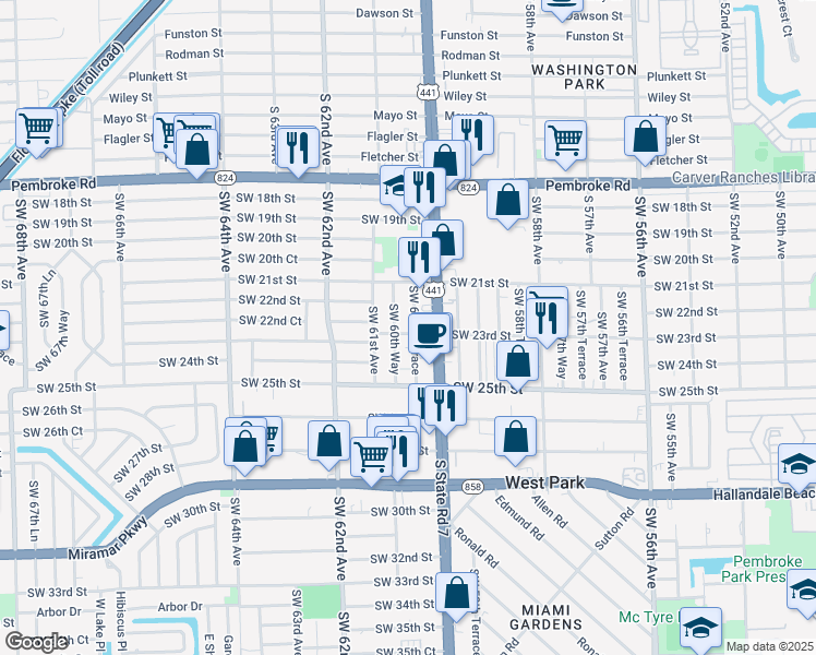 map of restaurants, bars, coffee shops, grocery stores, and more near 2126 Southwest 60th Terrace in Miramar