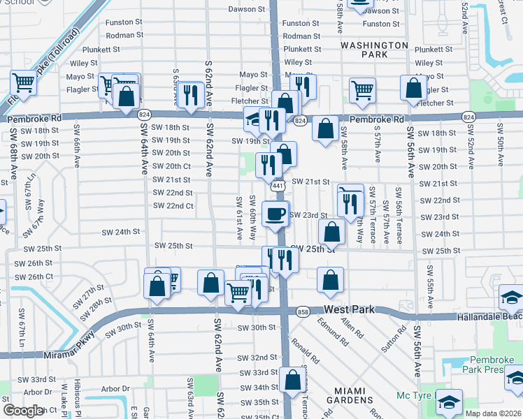 map of restaurants, bars, coffee shops, grocery stores, and more near 2126 Southwest 60th Terrace in Miramar