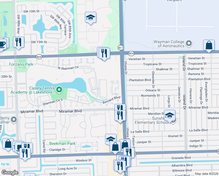map of restaurants, bars, coffee shops, grocery stores, and more near 256 Sherman Circle Driveway in Miramar