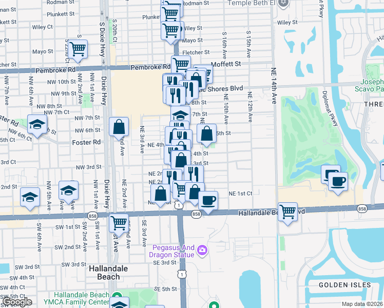 map of restaurants, bars, coffee shops, grocery stores, and more near 615 Northeast 4th Street in Hallandale Beach