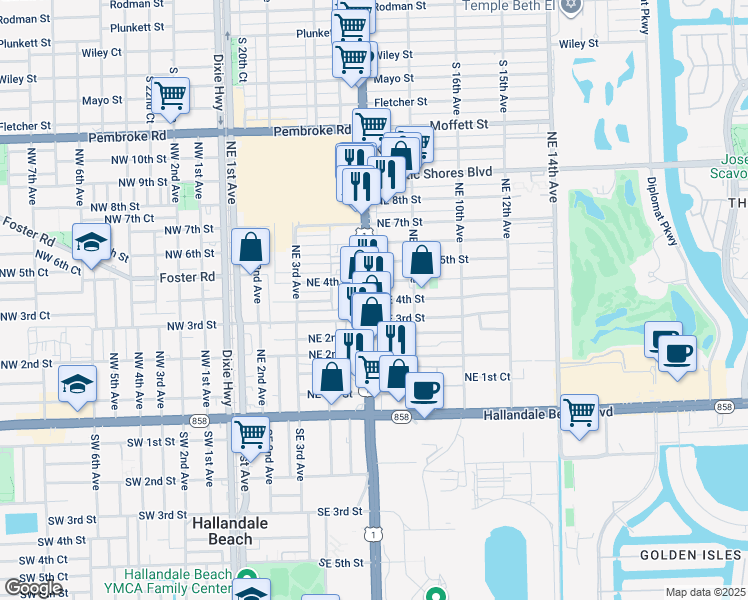 map of restaurants, bars, coffee shops, grocery stores, and more near 615 Northeast 4th Street in Hallandale Beach