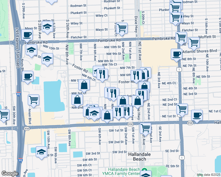 map of restaurants, bars, coffee shops, grocery stores, and more near 412 Northwest 4th Avenue in Hallandale Beach