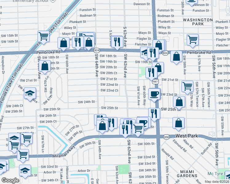 map of restaurants, bars, coffee shops, grocery stores, and more near 6241 Southwest 22nd Court in Miramar