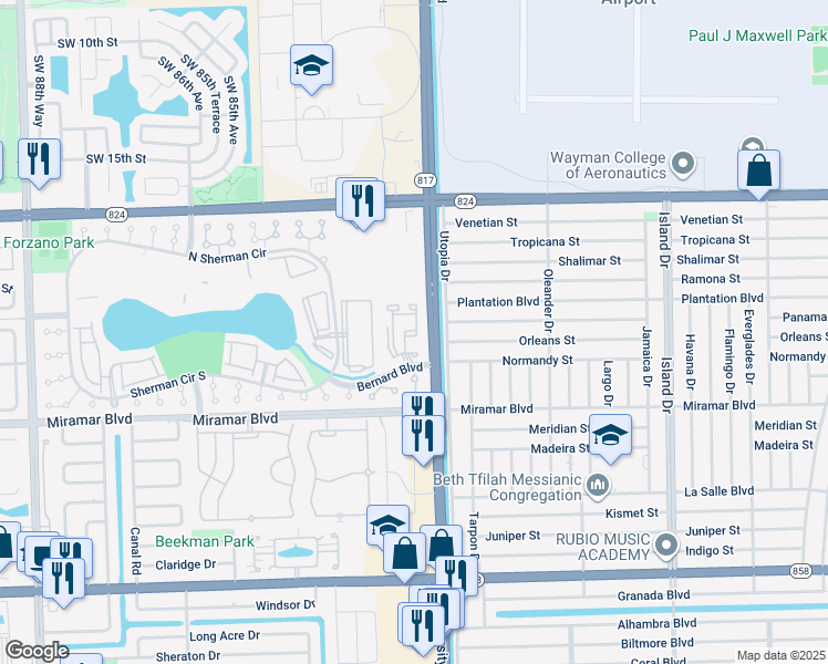 map of restaurants, bars, coffee shops, grocery stores, and more near 2201 Southwest 80th Terrace in Miramar